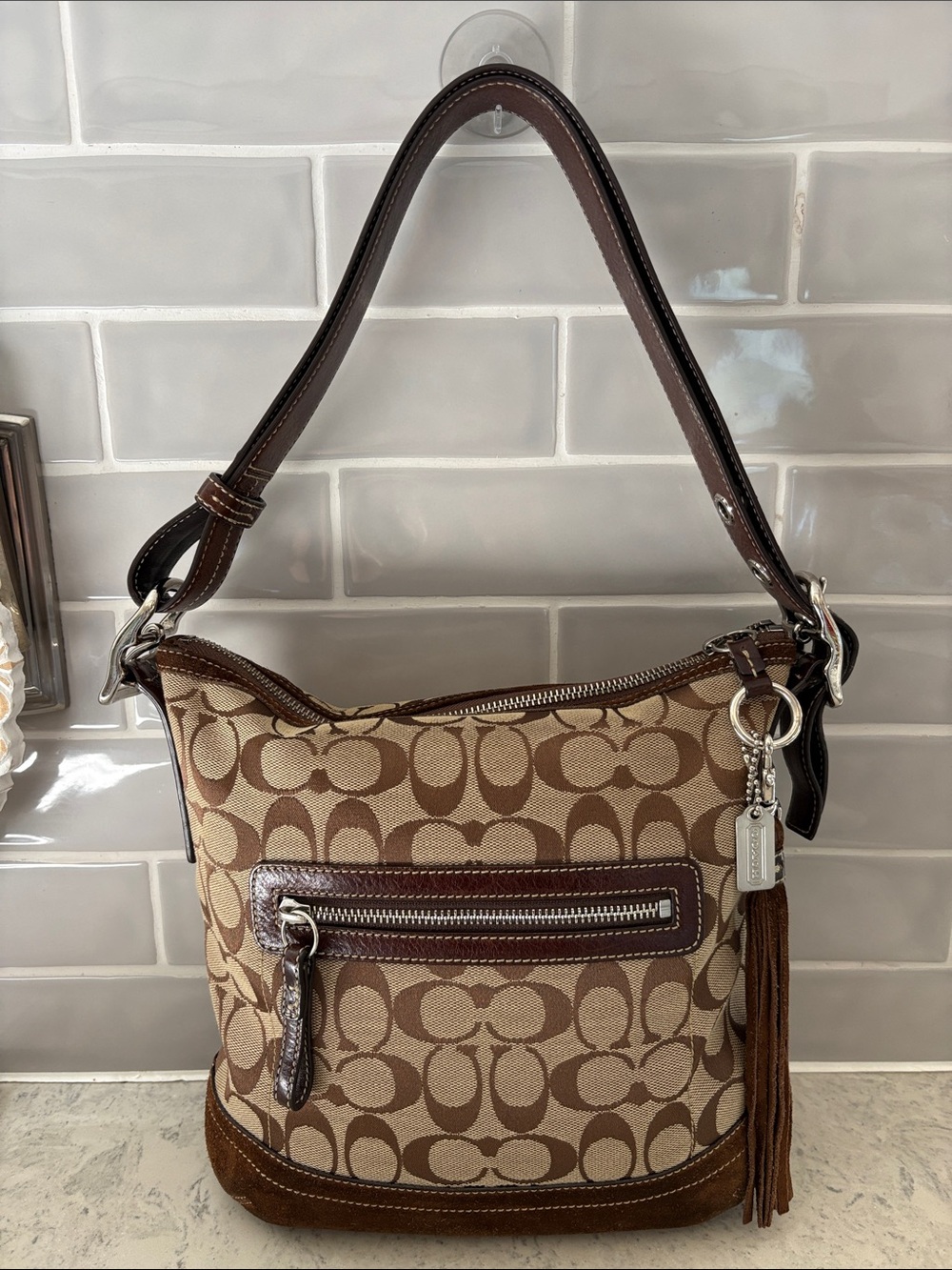 Coach Y2K Soft Slim Duffle Shoulder bag  Brown Suede 9362